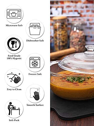Dyomnizy Microwave Oven Safe Serving Bowl With Lid, Tempered Glass, For Rice And Boiling Food, 1000 Ml, Set Of 3